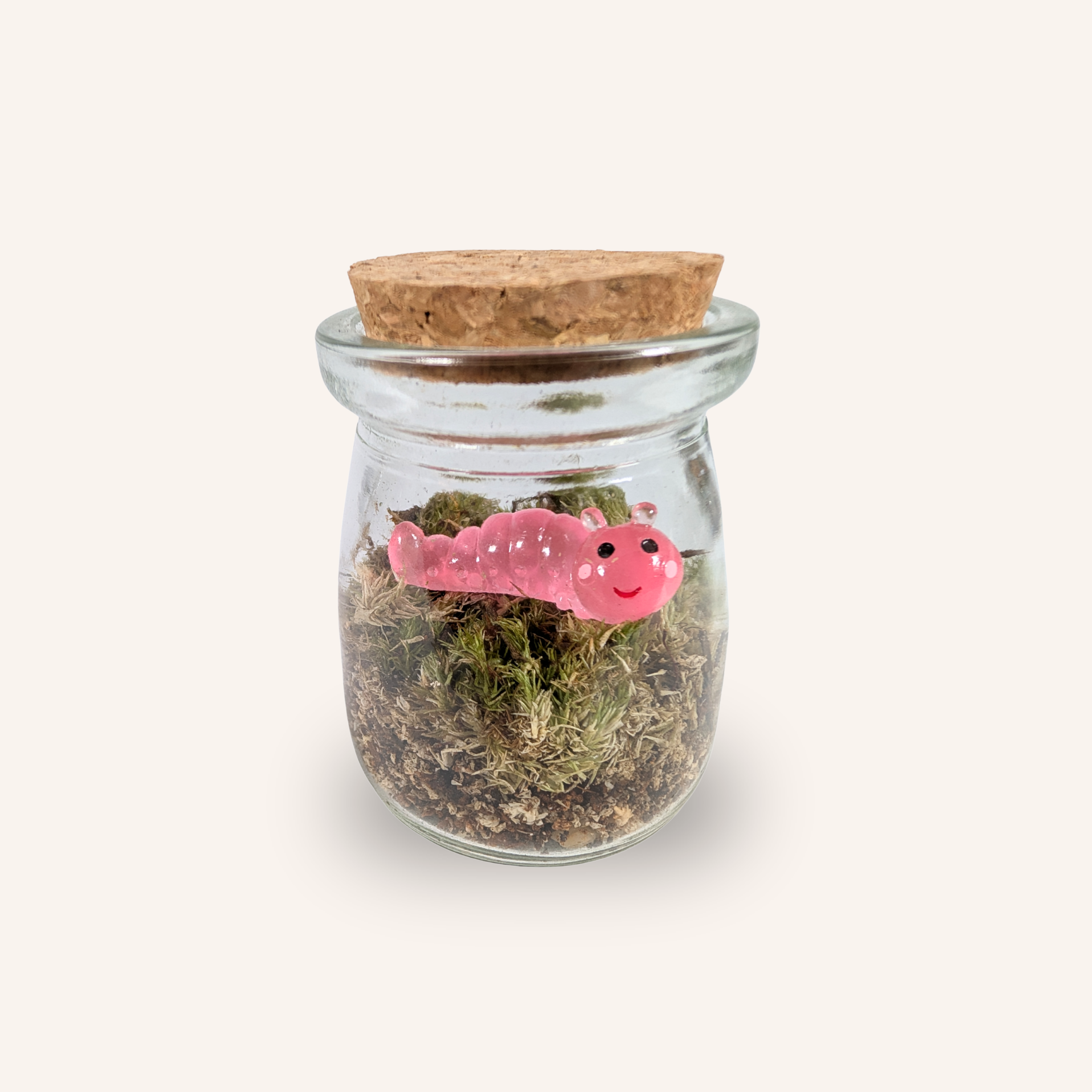 Packshot studio de la capsule Mini-Terrarium avec figurine Chenille miniature.green, bocal en verre sur fond gris